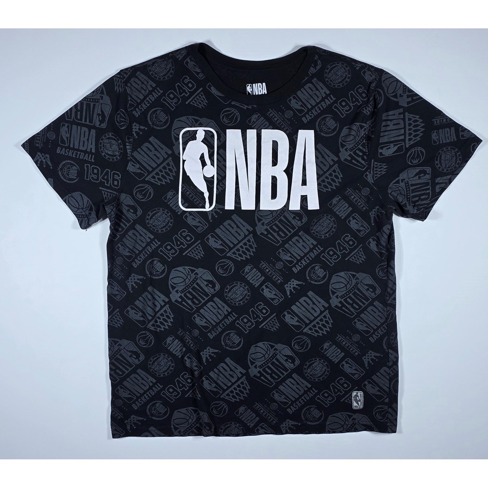 NBA Basketball Graphic T-Shirt Men's XL Black All Over Print Logo Short Sleeve